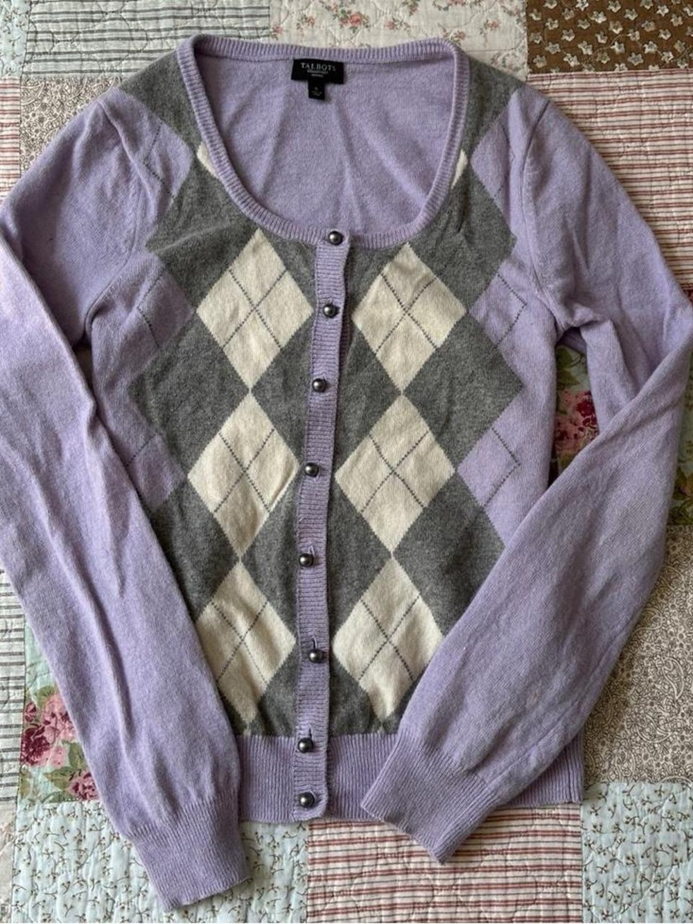 Talbot's lilac & grey argyle lamb's wool cardigan with button details
